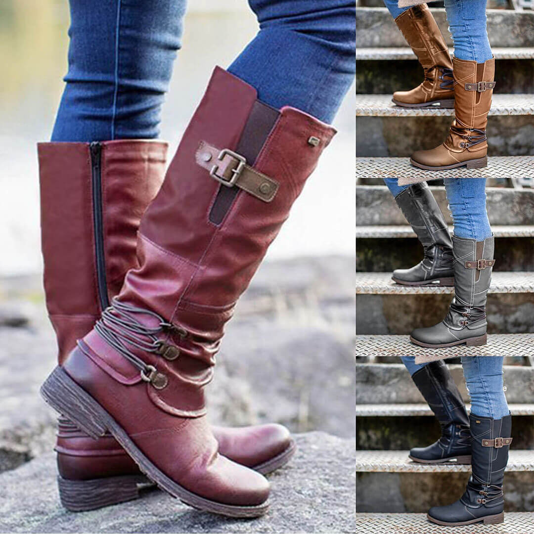 Women’s Vintage Leather Zipper High-top Wide Calf Boots