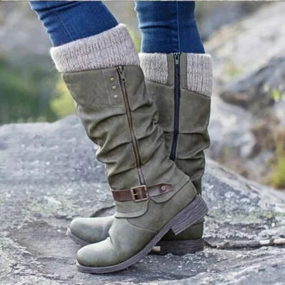 HOT SALE 45% OFF🔥Women’s Leather Flat Heel Wide Mid-Calf Zipper Boots